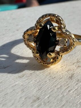14K LIND Gold Plated Ring with Black Marquise Stone and Clear Accent Stones